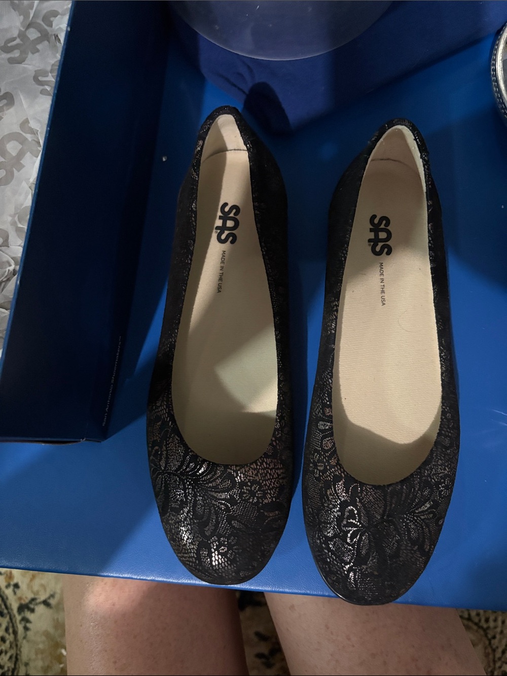 SAS Black Lace-Patterned Ballet Flats